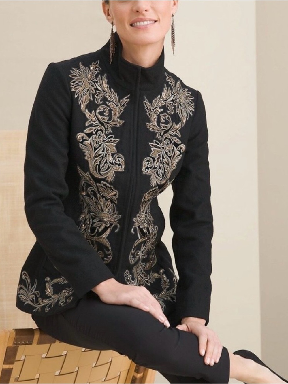 NWT Chico's Black Wool Blend Embellished Mock Neck Novelty Jacket Size 1≈Medium